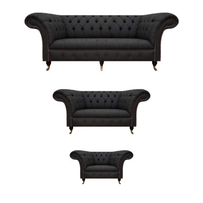 Sofás de salón Chesterfield negros Juego completo de 3 piezas.