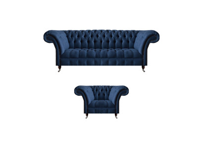 Sofá de tres plazas azul oscuro para la sala de estar, sillón de diseño, elegante conjunto de 2 piezas.