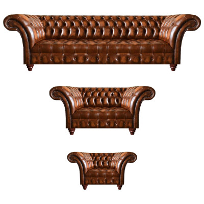 Chesterfield conjunto de cuero marrón para sala de estar, sofás de asiento de cuero de 3 piezas.