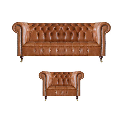 Sofás de cuero Chesterfield marrones elegantes, conjunto completo de sofás de 2 piezas.