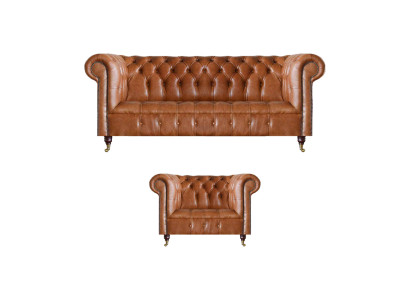 Sofás de cuero Chesterfield marrones elegantes, conjunto completo de sofás de 2 piezas.