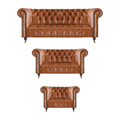 Sofás de cuero Chesterfield marrón, diseño de salón, muebles de 3 piezas.
