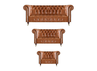 Sofás de cuero Chesterfield marrón, diseño de salón, muebles de 3 piezas.