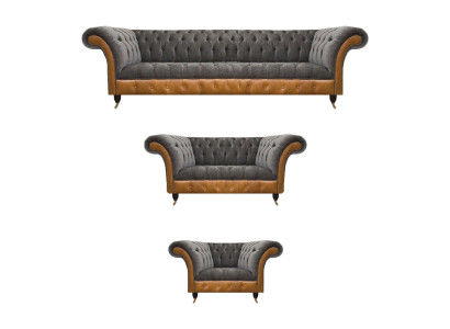 Conjunto de sofás Chesterfield de tela de tres piezas en gris-marrón.