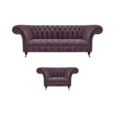 Chesterfield morado conjunto de sofá de sala de estar elegante de 3 plazas de tela sillón.