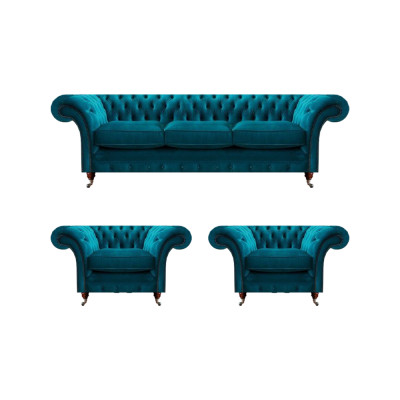 Sofás acolchados Chesterfield azules de sala de estar en textil, juego de 3 piezas.