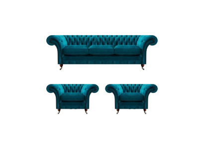 Sofás acolchados Chesterfield azules de sala de estar en textil, juego de 3 piezas.