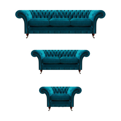 Muebles tapizados Chesterfield de diseño azul para sala de estar con telas de 3 piezas