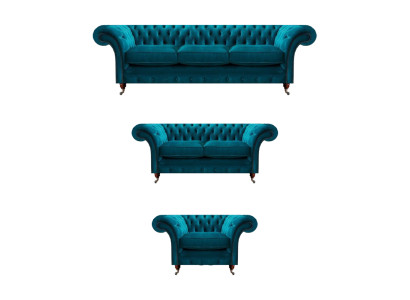 Muebles tapizados Chesterfield de diseño azul para sala de estar con telas de 3 piezas