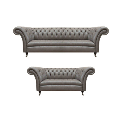 Chesterfield sofás de cuero gris, muebles tapizados de diseñador para la sala de estar.