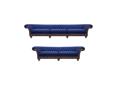 Sofá de tela Chesterfield azul, juego de sofá de diseñador de lujo.
