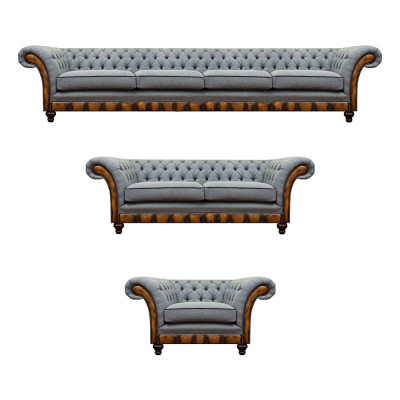 Sofás Chesterfield gris claro de diseñador de 4 plazas, 2 plazas y sillón.