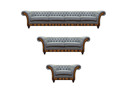 Sofás Chesterfield gris claro de diseñador de 4 plazas, 2 plazas y sillón.