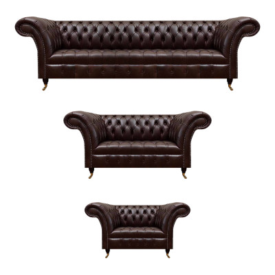 Sofás de cuero Chesterfield marrón diseñados de tres y cuatro plazas.