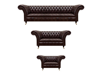 Sofás de cuero Chesterfield marrón diseñados de tres y cuatro plazas.