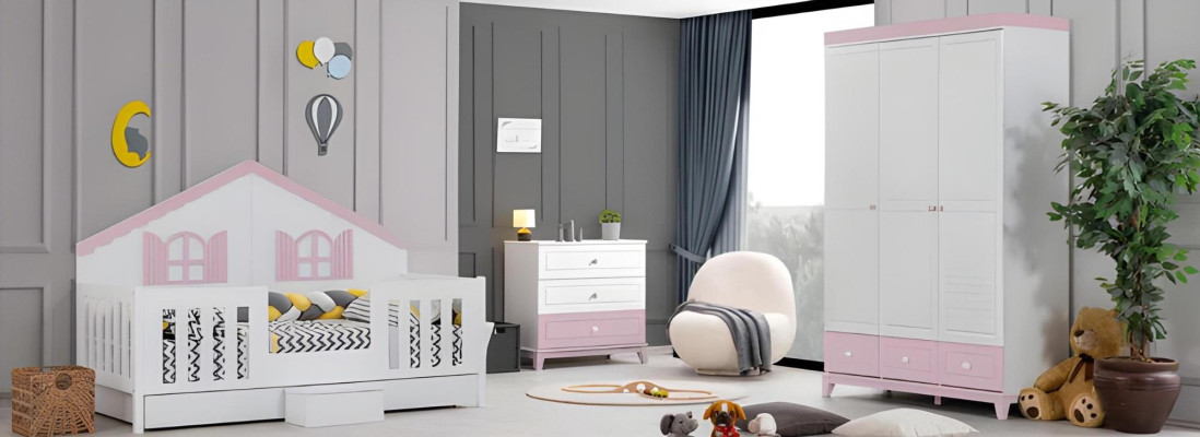 Habitación juvenil Conjunto de 2 piezas de muebles de dormitorio para niños con cama elegante y armario.