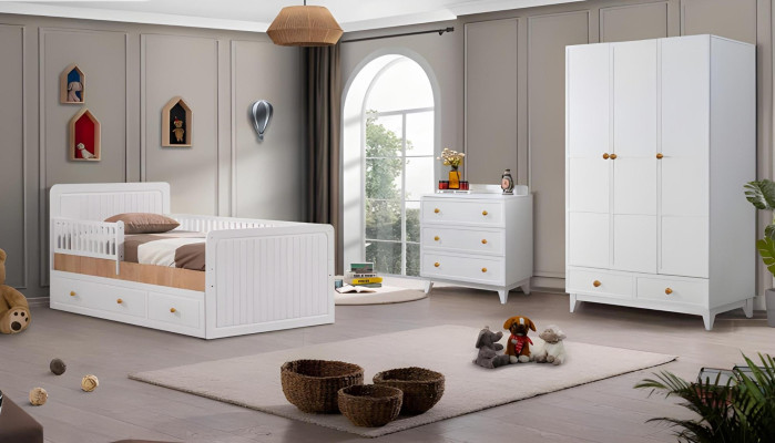 Set de habitación infantil Lujo Cómodas Blancas Armario Diseño de Madera Moderno Muebles