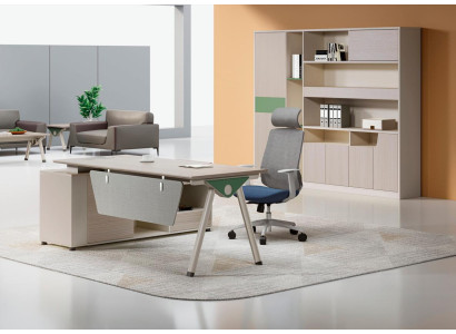 Mesa de trabajo beige, escritorio de oficina de diseñador, muebles de madera de lujo.