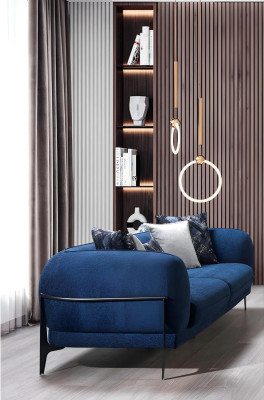 Sofás reclinables de tres plazas de diseñador en azul, muebles de salón de club lounge.