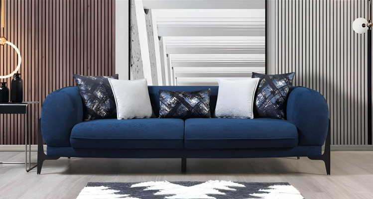 Sofás reclinables de tres plazas de diseñador en azul, muebles de salón de club lounge.