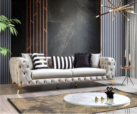 Chesterfield beige claro sofá de diseñador de lujo de 3 plazas para la sala de estar.