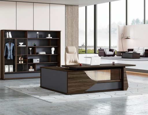 Mesa de diseño de oficina en tonos marrón-grisáceo, resistente y robusta, fabricada en madera.