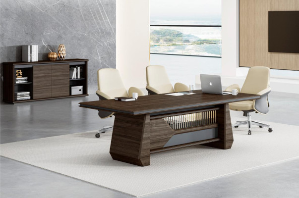 Mesa de conferencias marrón, mesas de oficina de diseño para la sala de trabajo, muebles de madera.
