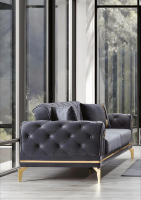 Sofá de tela gris Chesterfield para sala de estar de diseñador de tres plazas.