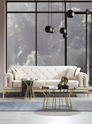 Sofá Chesterfield de acero inoxidable blanco de tres plazas para sala de estar de lujo