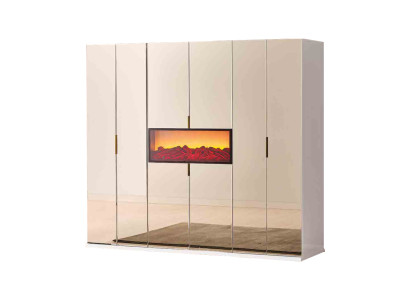 Armario de dormitorio en beige, guardarropa de diseñador, elegantes armarios de madera.