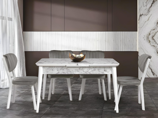 Mesa de comedor blanca con tablero extensible y resistente.