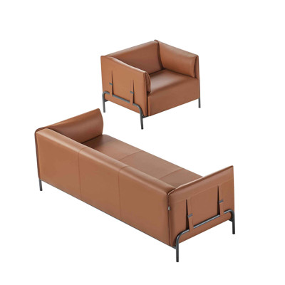 Oficina en casa de 2 piezas sofá de 3 plazas con sillón marrón diseño moderno de un solo color.