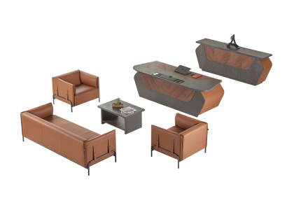 Muebles de oficina gris-marrón: sillón de 3 plazas, mesa de oficina, aparador de 6 piezas.