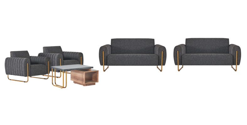 Sofá de oficina gris noble de 2 plazas con cojines y mesa de centro de madera, muebles tapizados.