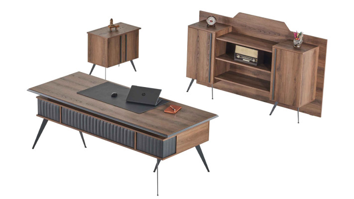 Set de oficina de 3 piezas: escritorio de oficina, aparador, cómoda. Marrón gris bicolor.