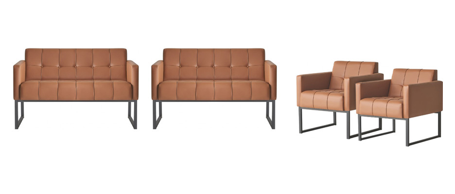 Conjunto de oficina de 4 piezas en color marrón liso, 2 sofás de 2 plazas y 2 sillones de estilo moderno.
