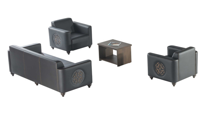 Conjunto de oficina 4 piezas negro 3 plazas 2x sillón marrón mesa de centro moderna.