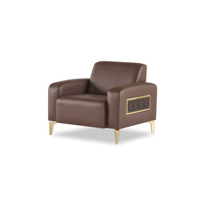 Set de estudio de 3 piezas, sofá de 3 plazas, sillón y mesa de centro marrón liso y moderno.