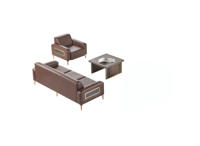 Set de estudio de 3 piezas, sofá de 3 plazas, sillón y mesa de centro marrón liso y moderno.
