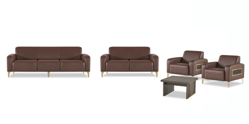 Exclusivo mobiliario de oficina marrón, mesa de centro de diseñador, sillón, 2 sofás.