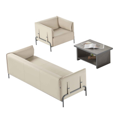 Conjunto de oficina de 3 piezas en beige, sillón de 3 plazas en gris y mesa de centro para sala de estar.