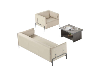 Conjunto de oficina de 3 piezas en beige, sillón de 3 plazas en gris y mesa de centro para sala de estar.