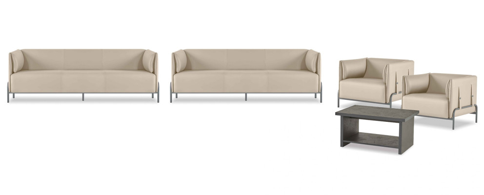 Set de sala de estar de 5 piezas en beige, 2 sofás de 3 plazas, 2 sillones grises, mesa de centro moderna.
