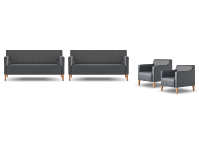 Conjunto de oficina de 4 piezas en negro, 2 sofás de 3 plazas y 2 sillones monocromáticos de estilo moderno.