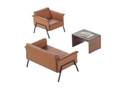 Conjunto de oficina marrón: mesa de madera de diseñador, sillón individual, sofá de dos plazas, muebles.