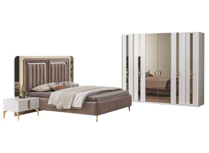 Juego de dormitorio beige Cama doble elegante Mesitas de noche Armario