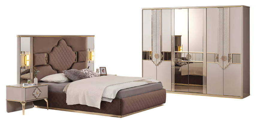 Conjunto de dormitorio beige y marrón, armario, cama tapizada, mesitas de noche.