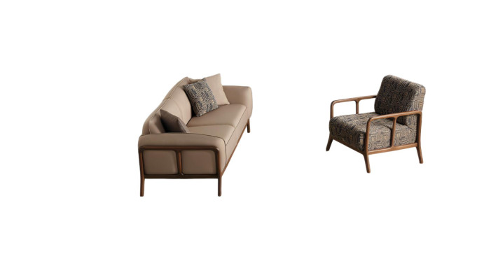 Sofá de tres plazas elegante en beige para la sala de estar, muebles tapizados con estilo.
