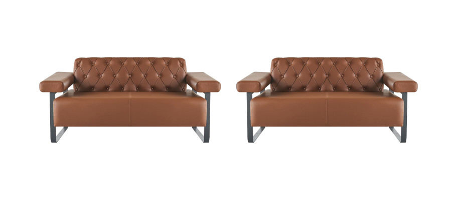 Sofás de cuero Chesterfield en marrón, modernos, originales de acero inoxidable de 2 plazas con botones.