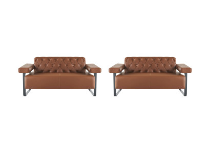 Sofás de cuero Chesterfield en marrón, modernos, originales de acero inoxidable de 2 plazas con botones.